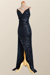 Party Dress Long Sleeve, Black Sequin Straps Faux Wrap Party Dress